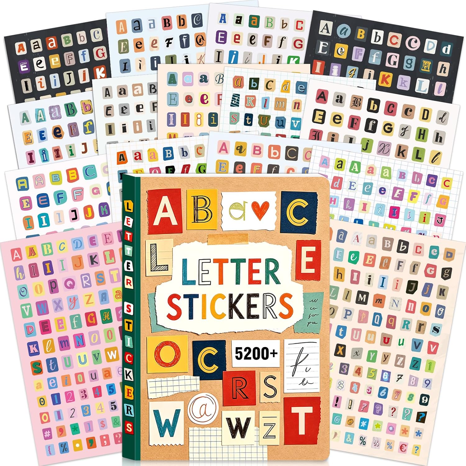 Vintage Collectible Books - 5200Pcs+/48Lembar Stiker Alfabet Warna-warni Perekat Sendiri